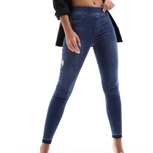 💙 SPANX Shape & Lift Distressed Skinny Pull On Medium Blue Wash Jeans Size Small
